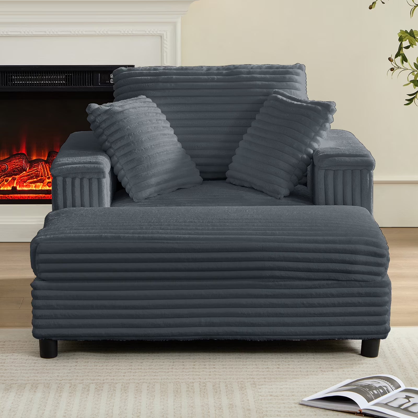 BALUS Chaise Lounge Chair Indoor with Ottoman, Oversized Corduroy Single Sofa Chair with 2 Pillows, Comfy Deap Sleeper Seat for Living Room