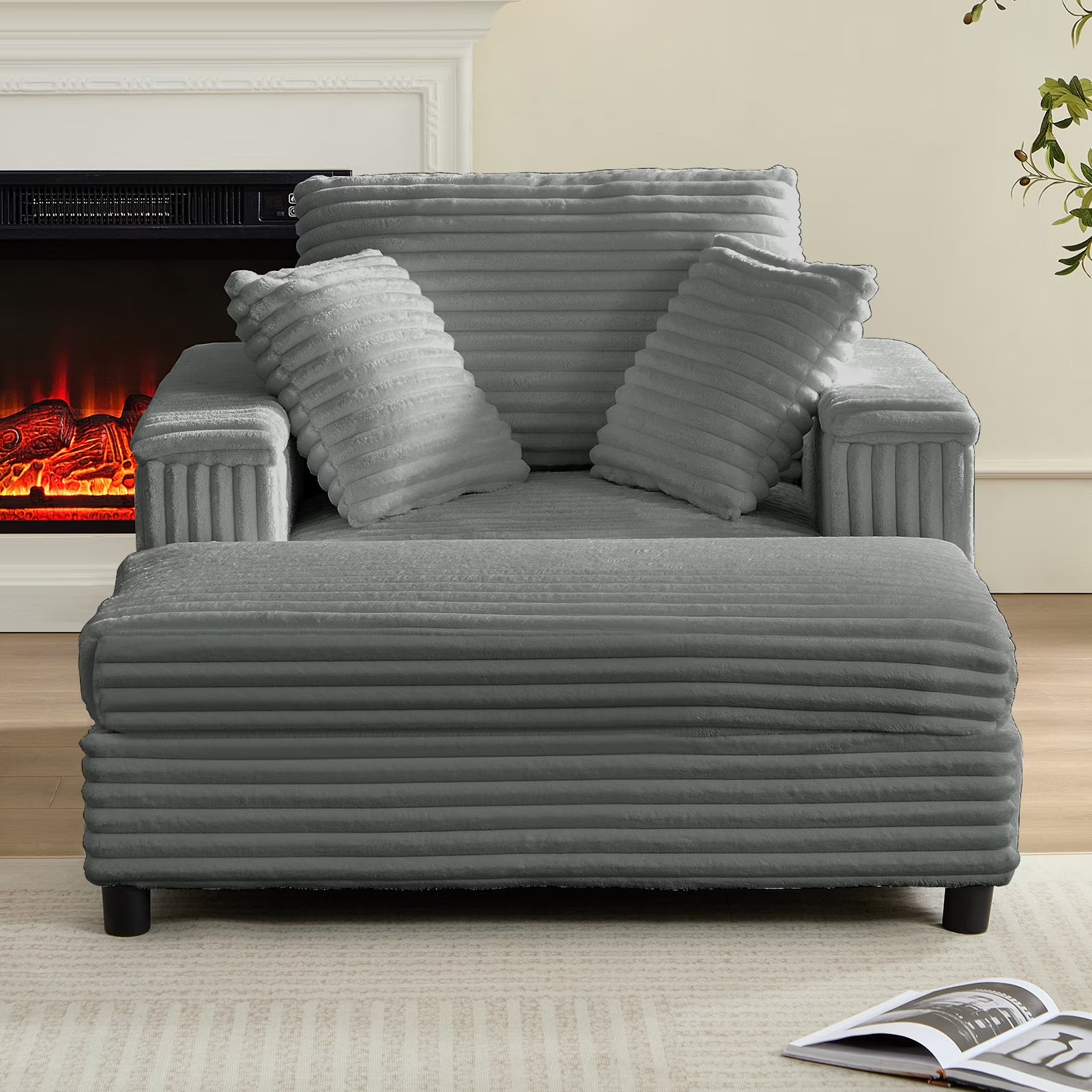 BALUS Chaise Lounge Chair Indoor with Ottoman, Oversized Corduroy Single Sofa Chair with 2 Pillows, Comfy Deap Sleeper Seat for Living Room