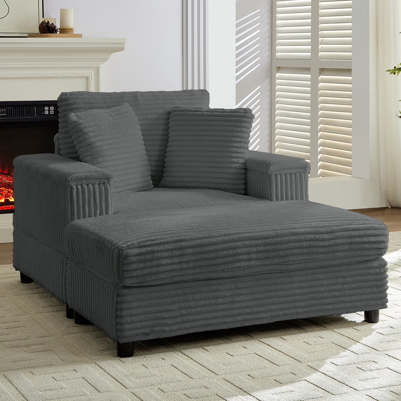 BALUS Chaise Lounge Chair Indoor with Ottoman, Oversized Corduroy Single Sofa Chair with 2 Pillows, Comfy Deap Sleeper Seat for Living Room