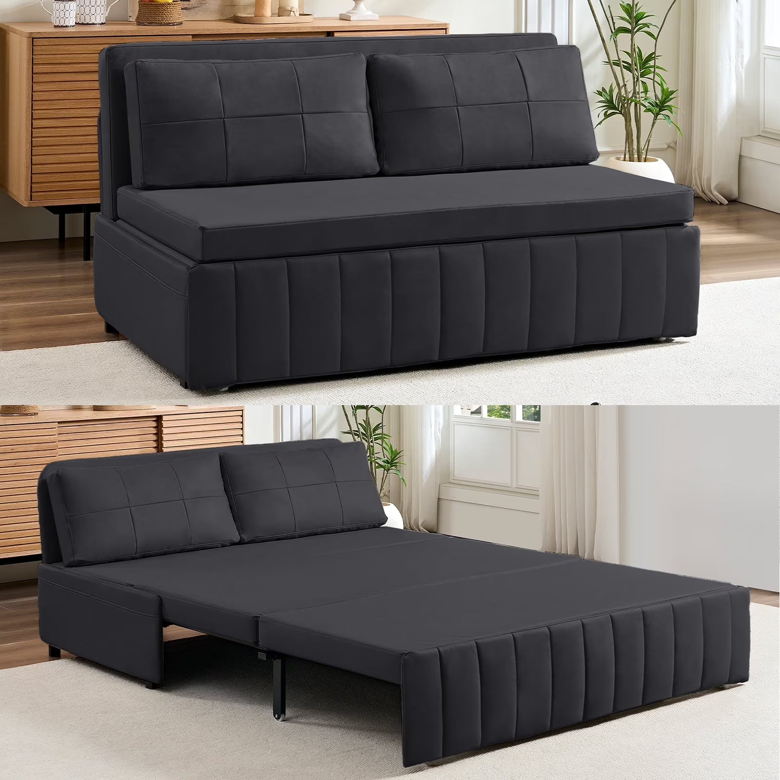 BALUS Queen Size Loveseat Sleeper Bed with Two Pillows, Leathaire, 3 in 1 Convertible Pull Out Couch for Apartment/ Living Room/ Bedroom