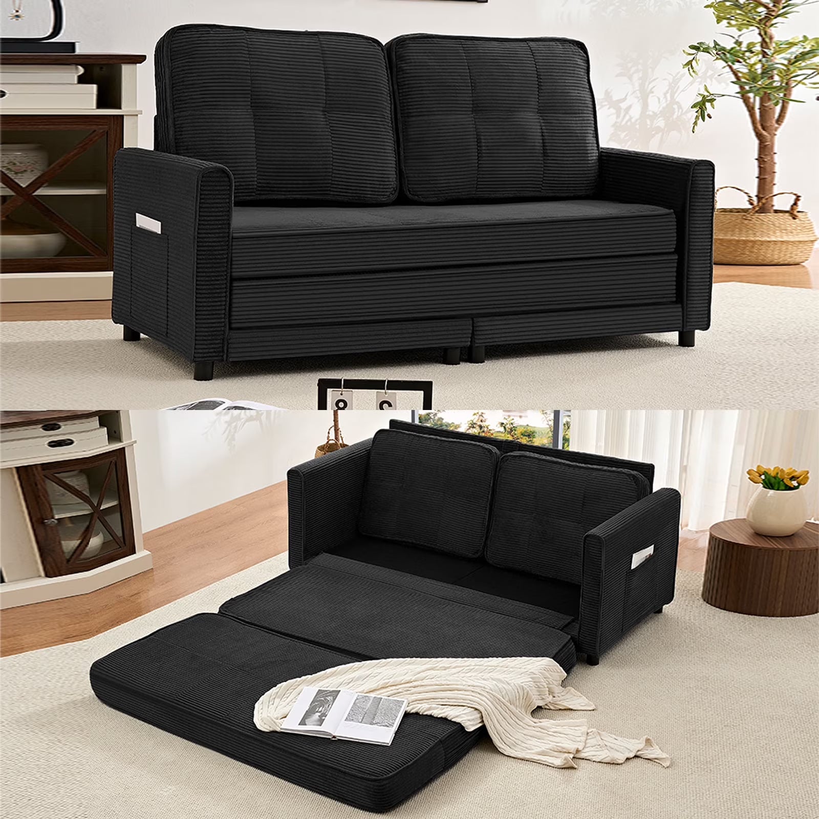 BALUS Queen Size Loveseat Sleeper Sofa, Convertible Futon Sofa with Pull out Bed and Fold out mattress, Corduroy