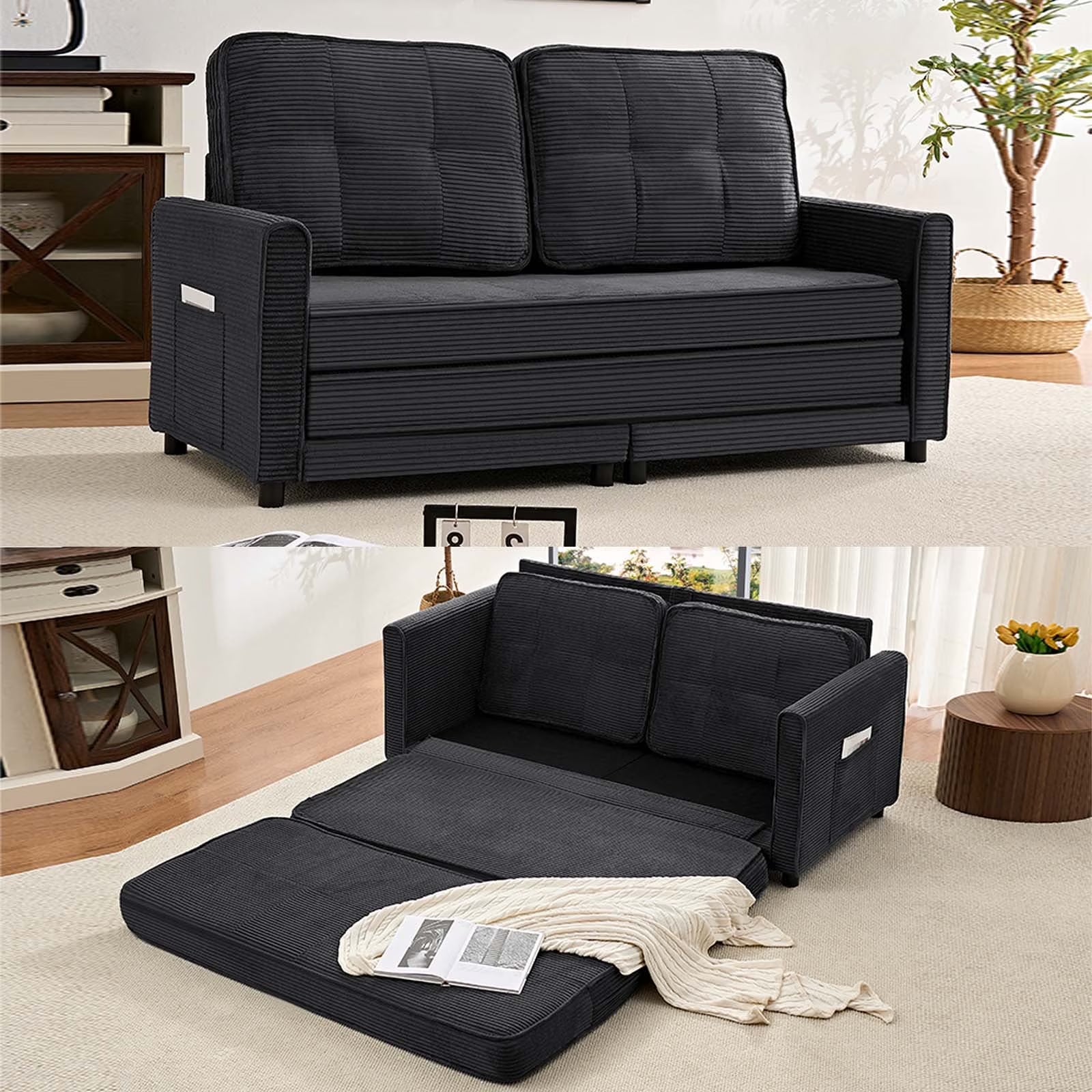 BALUS Queen Size Loveseat Sleeper Sofa, Convertible Futon Sofa with Pull out Bed and Fold out mattress, Corduroy