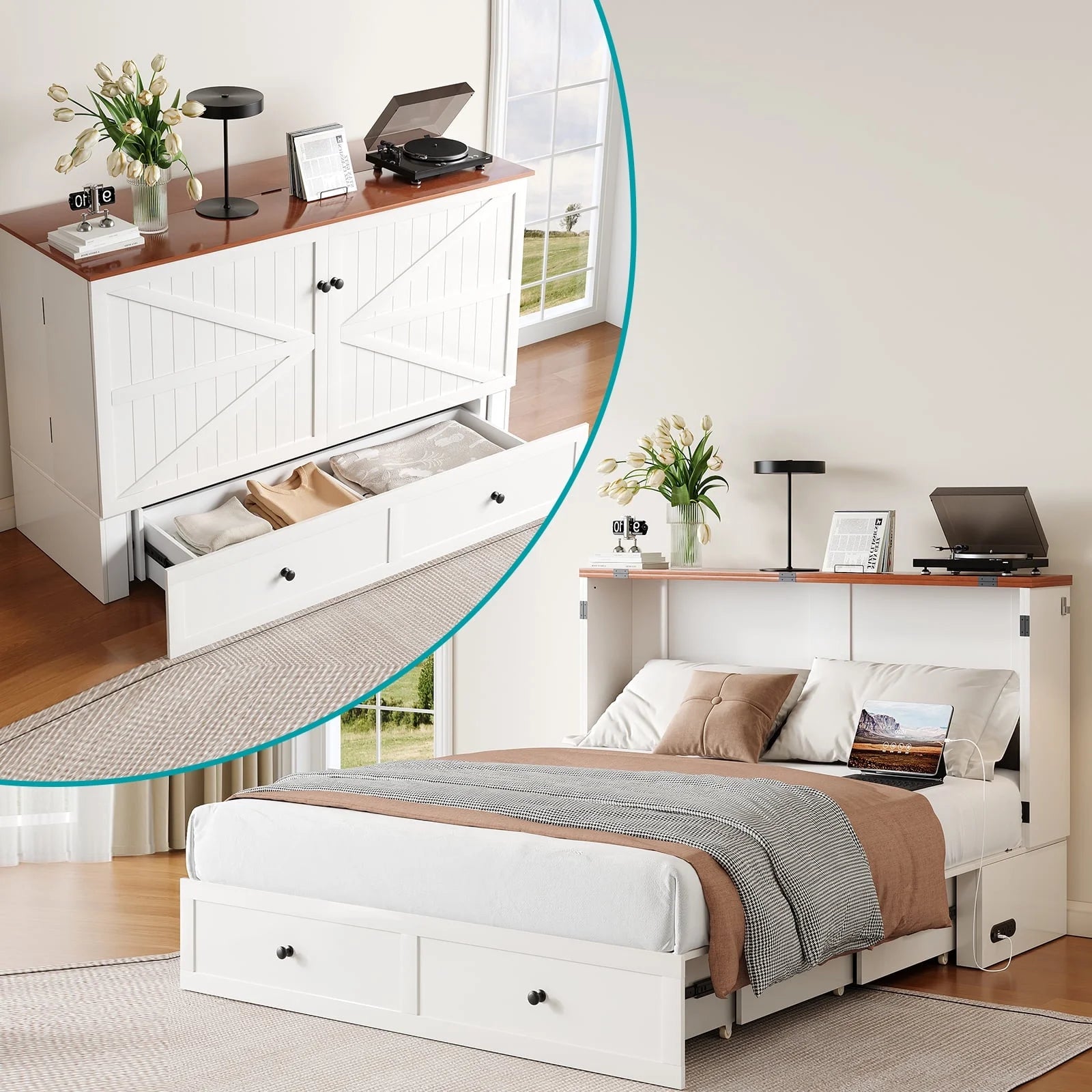 BALUS  Murphy Bed with Storage, Folding Bed with Mattress Included Charging Port, Wood, White