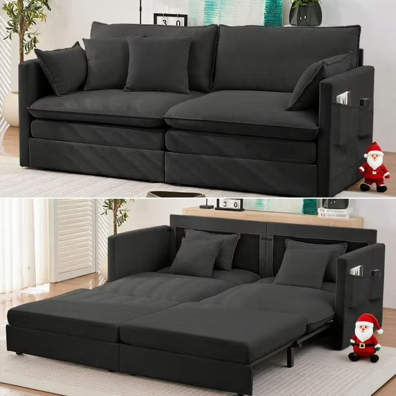 BALUS Queen Size Pull Out Sofa Bed, 78" Convertible Loveseat Sleeper Sofa with 2 Pillows and Foldable Mattress,Ice Velvet, Black