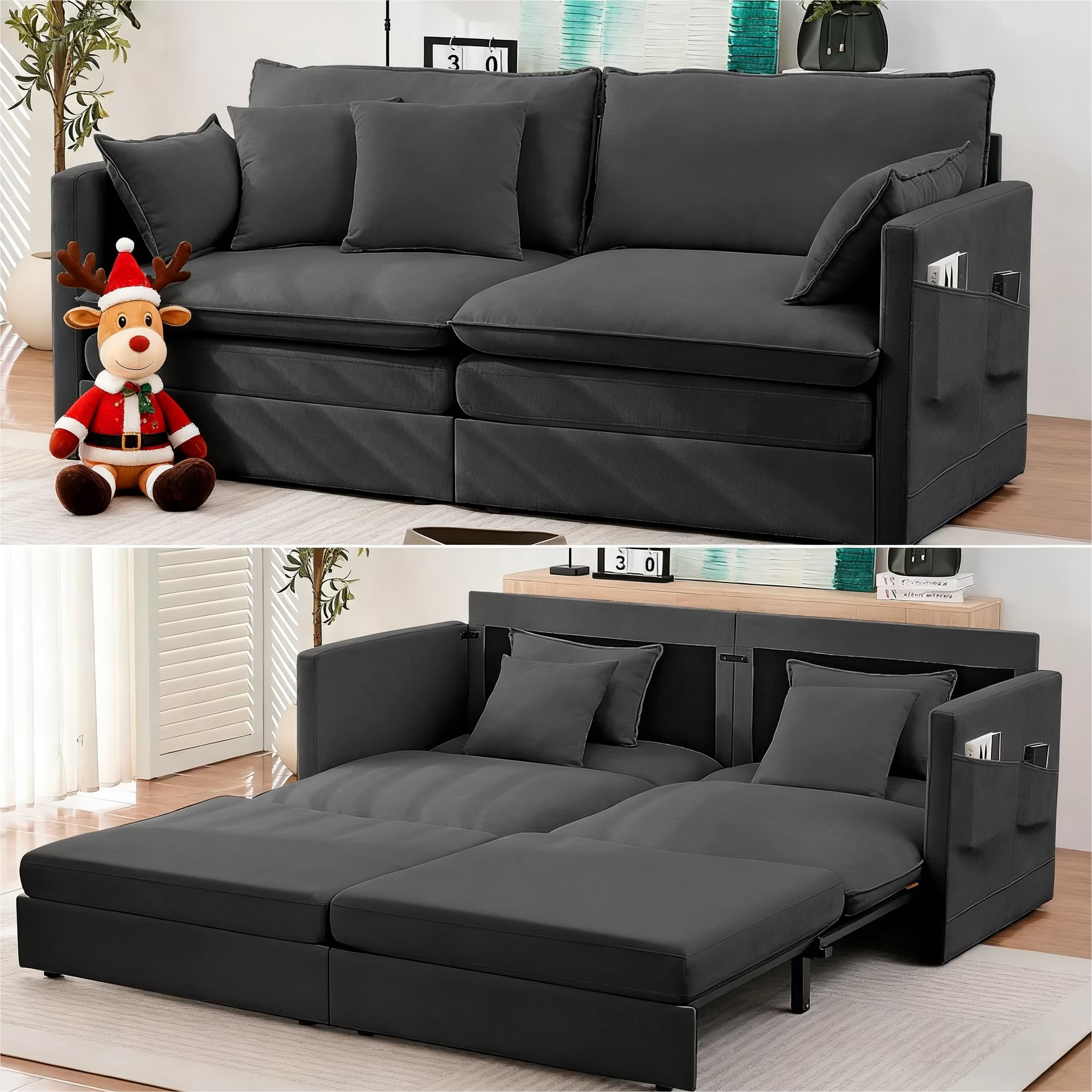 BALUS Queen Size Pull Out Sofa Bed, 78" Convertible Loveseat Sleeper Sofa with 2 Pillows and Foldable Mattress,Ice Velvet, Black