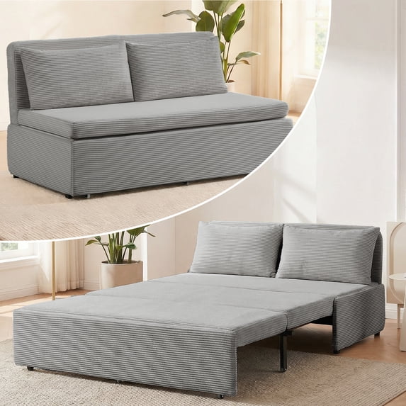 BALUS Corduroy Queen Size Pull Out Sofa Bed Include 2-Pillows, 64" Convertible Loveseat Sleeper Sofa with Pillows and Foldable Mattress
