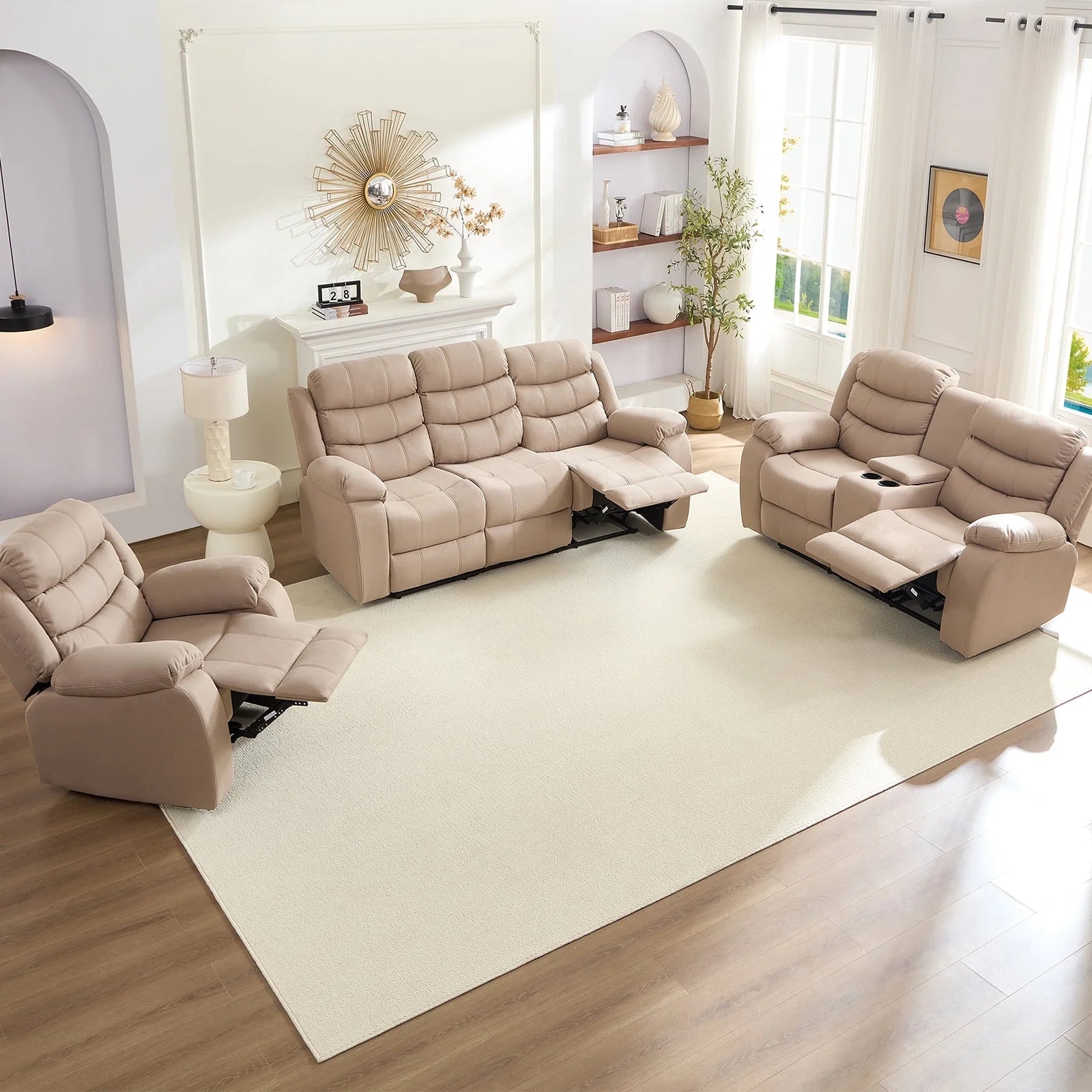 BALUS Recliner Sofa Sets with Storage & Cup Holders - Ergonomic Suede Reclining Couch, Metal Frame, Space-Saving Design,