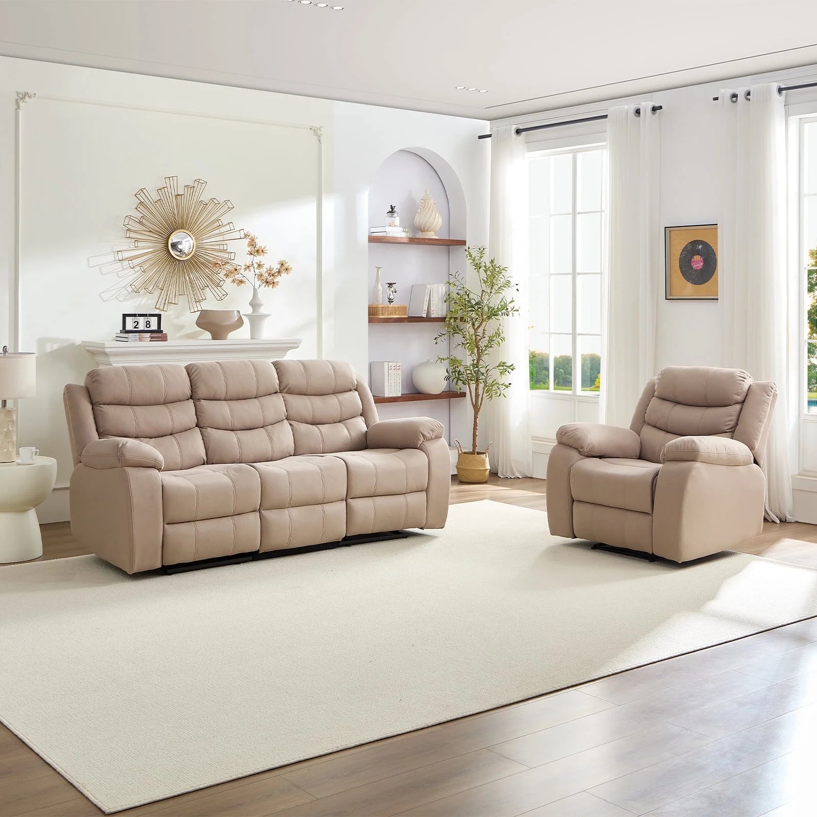 BALUS Recliner Sofa Sets with Storage & Cup Holders - Ergonomic Suede Reclining Couch, Metal Frame, Space-Saving Design,