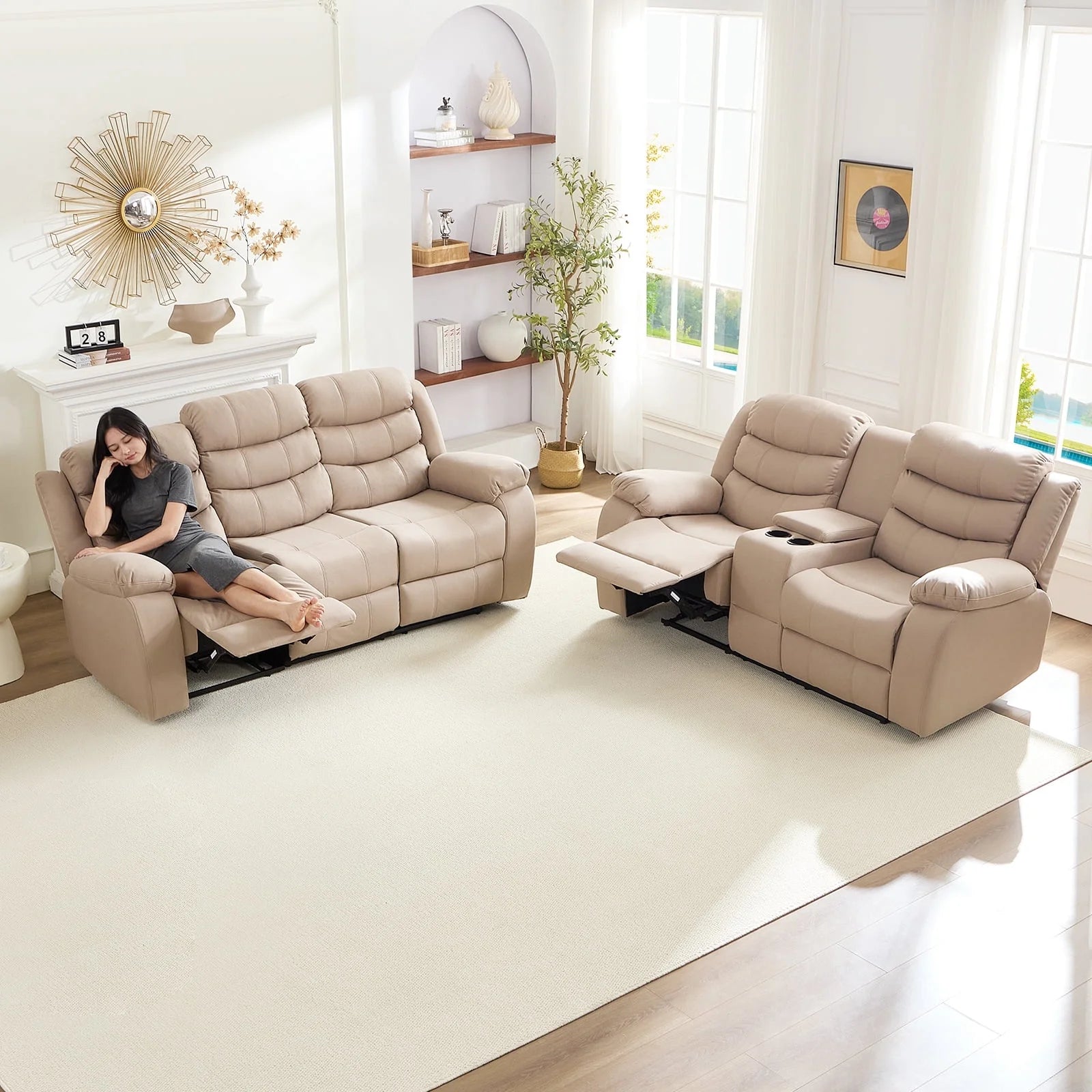 BALUS Recliner Sofa Sets with Storage & Cup Holders - Ergonomic Suede Reclining Couch, Metal Frame, Space-Saving Design,