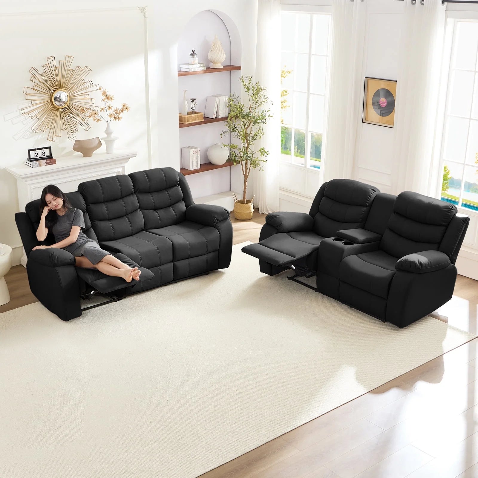 BALUS Recliner Sofa Sets with Storage & Cup Holders - Ergonomic Suede Reclining Couch, Metal Frame, Space-Saving Design,