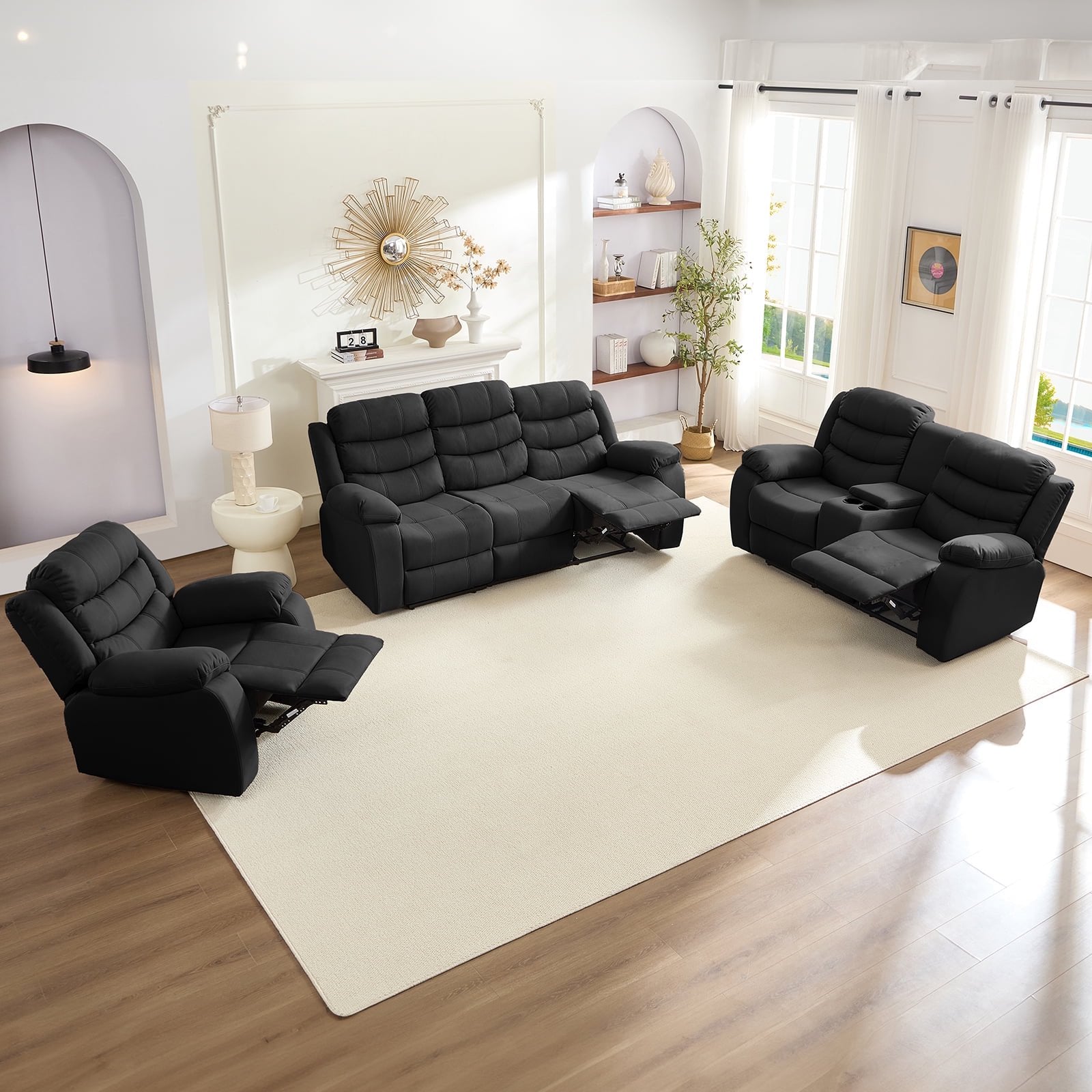 BALUS Recliner Sofa Sets with Storage & Cup Holders - Ergonomic Suede Reclining Couch, Metal Frame, Space-Saving Design,