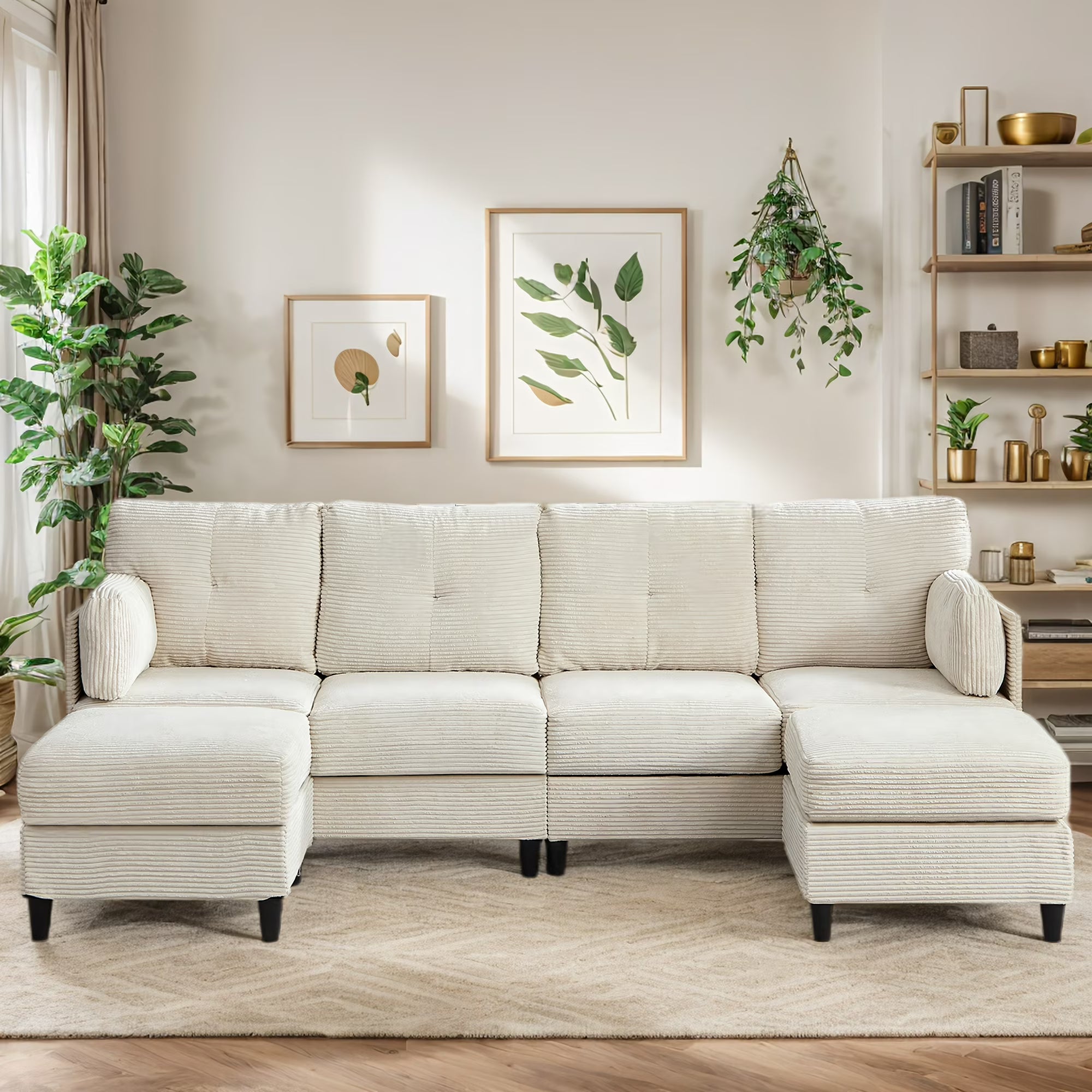 BALUS U-Shaped Sectional Sofa, Corduroy Couch with Modular Design, 6-Seater Cloud-Like Living Room Sofa & Removable Ottomans,