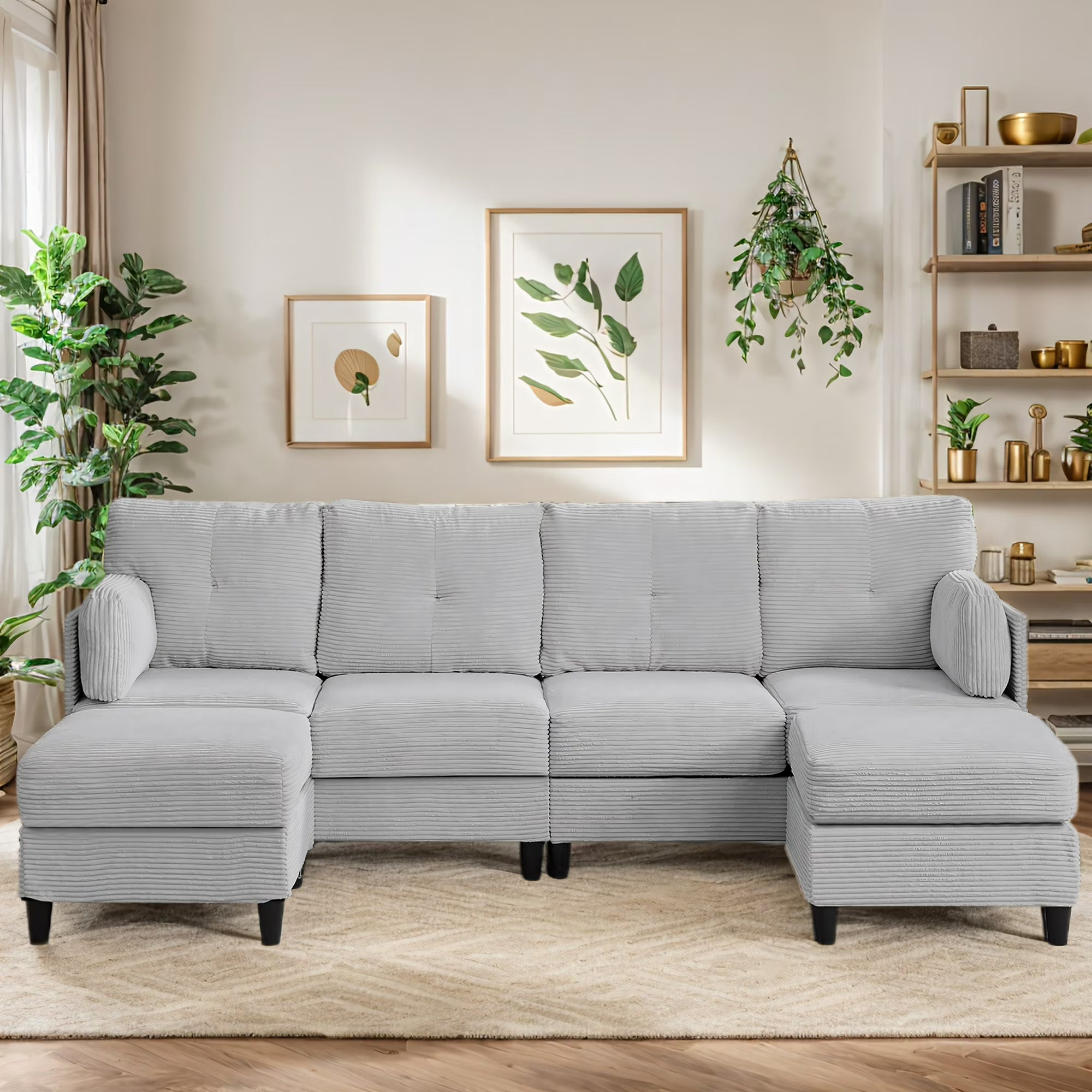 BALUS U-Shaped Sectional Sofa, Corduroy Couch with Modular Design, 6-Seater Cloud-Like Living Room Sofa & Removable Ottomans,