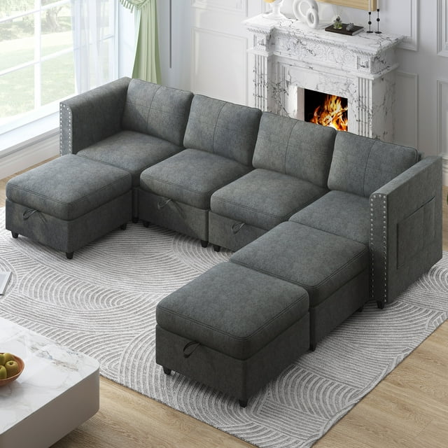 CECER U shaped Sofa with Movable Storage Ottomans, 6-Seats Modular Sectional Sofa for Living Room