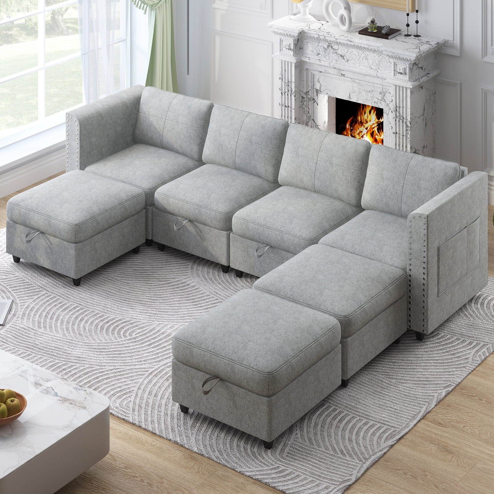 CECER U shaped Sofa with Movable Storage Ottomans, 6-Seats Modular Sectional Sofa for Living Room