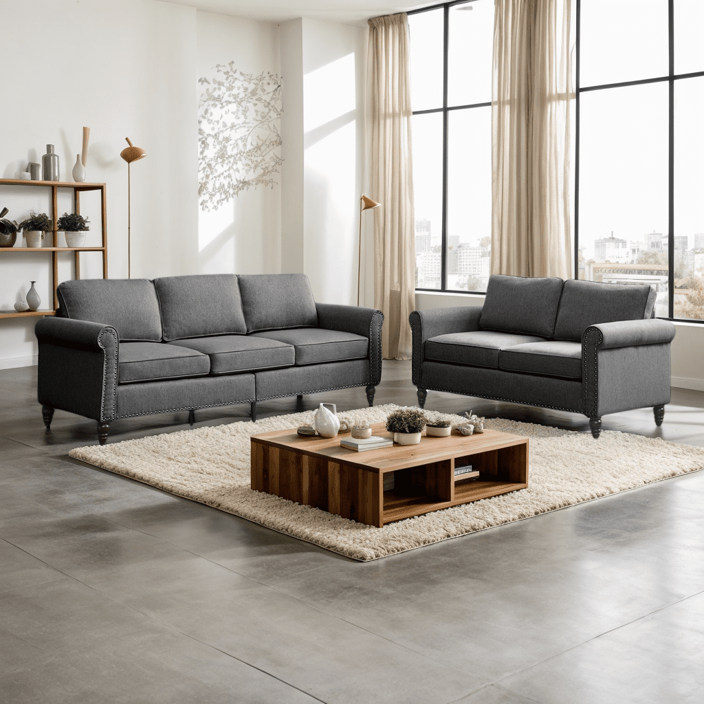 CECER 2 Pieces Living Room Sofa Set, Linen Fabric Sectional Sofas and Couches Set for Living Room, Including 3-Seater Sofa and Armchair,