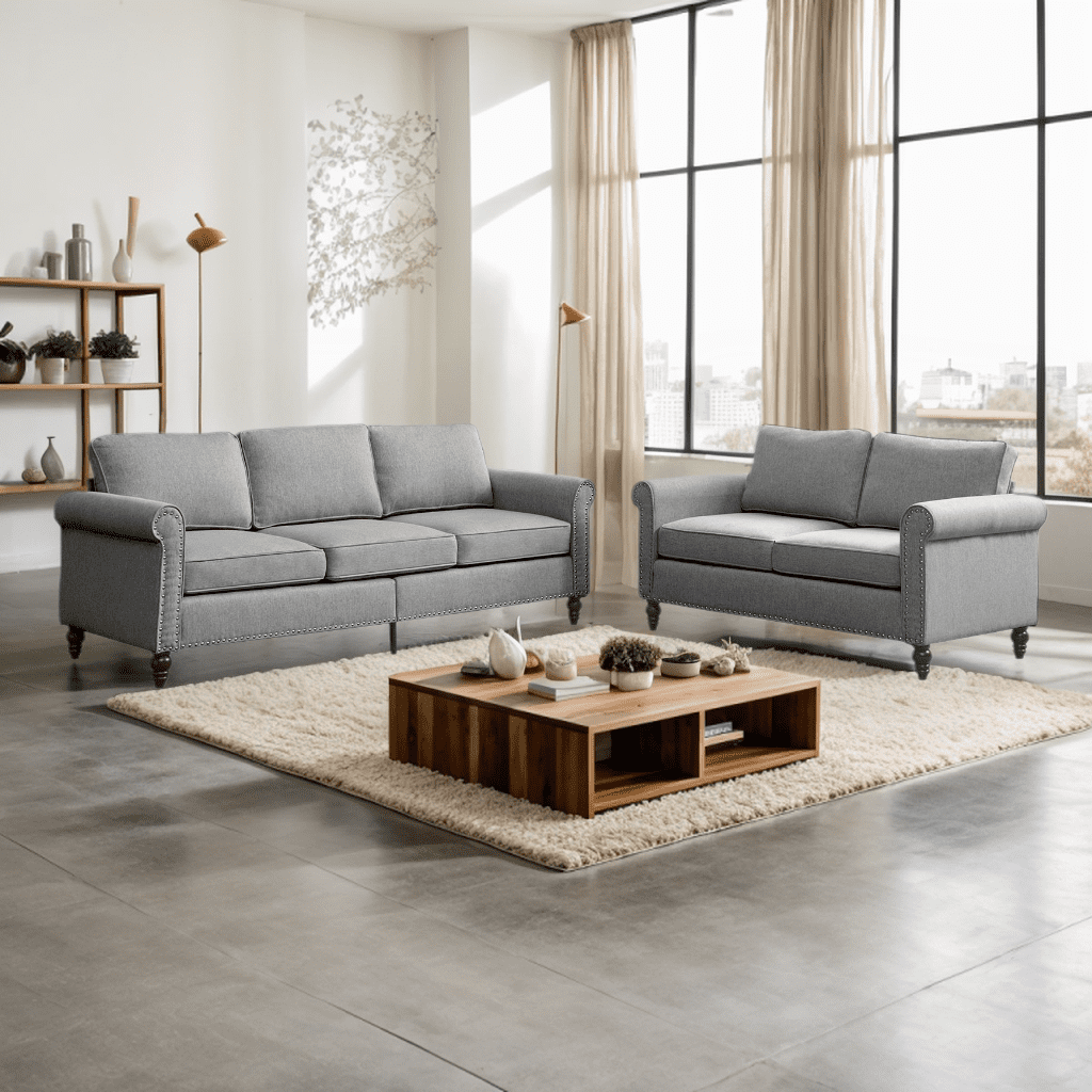 CECER 2 Pieces Living Room Sofa Set, Linen Fabric Sectional Sofas and Couches Set for Living Room, Including 3-Seater Sofa and Armchair,