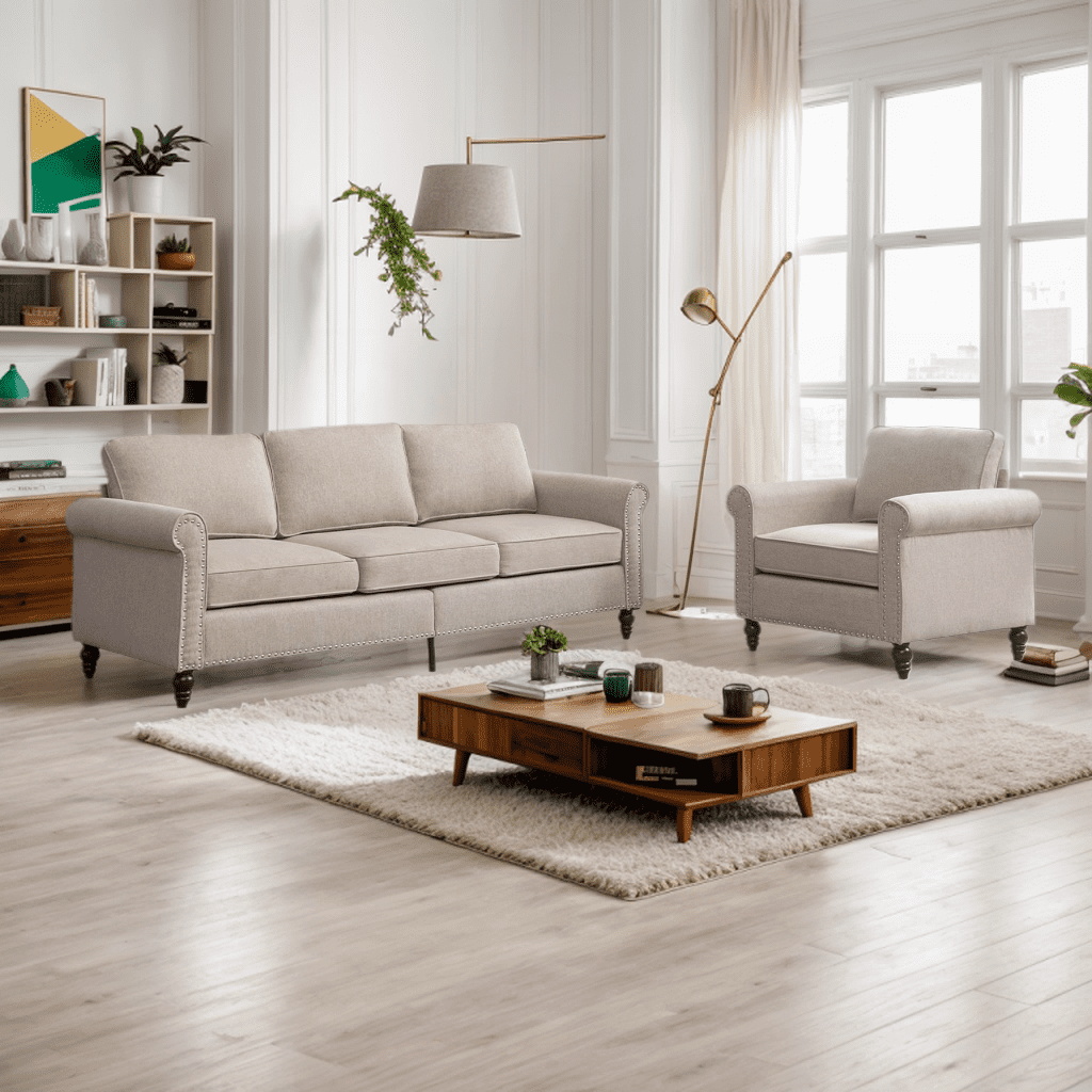 CECER 2 Pieces Living Room Sofa Set, Linen Fabric Sectional Sofas and Couches Set for Living Room, Including 3-Seater Sofa and Armchair,