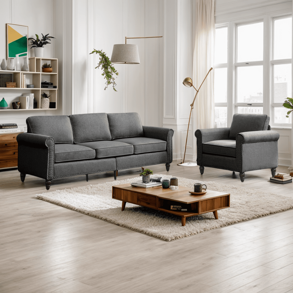 CECER 2 Pieces Living Room Sofa Set, Linen Fabric Sectional Sofas and Couches Set for Living Room, Including 3-Seater Sofa and Armchair,