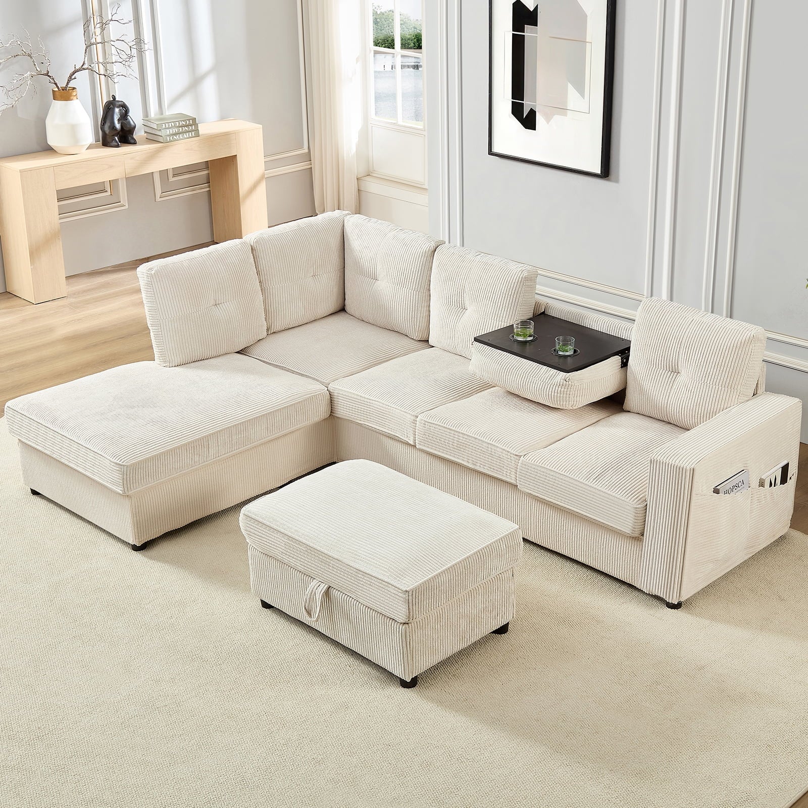 CECER Convertible Sectional Sofa with Storage Ottoman, L/U Shaped Couch with Chaise and Cup Holder, Couches and Sofas Sectional for Living Room -