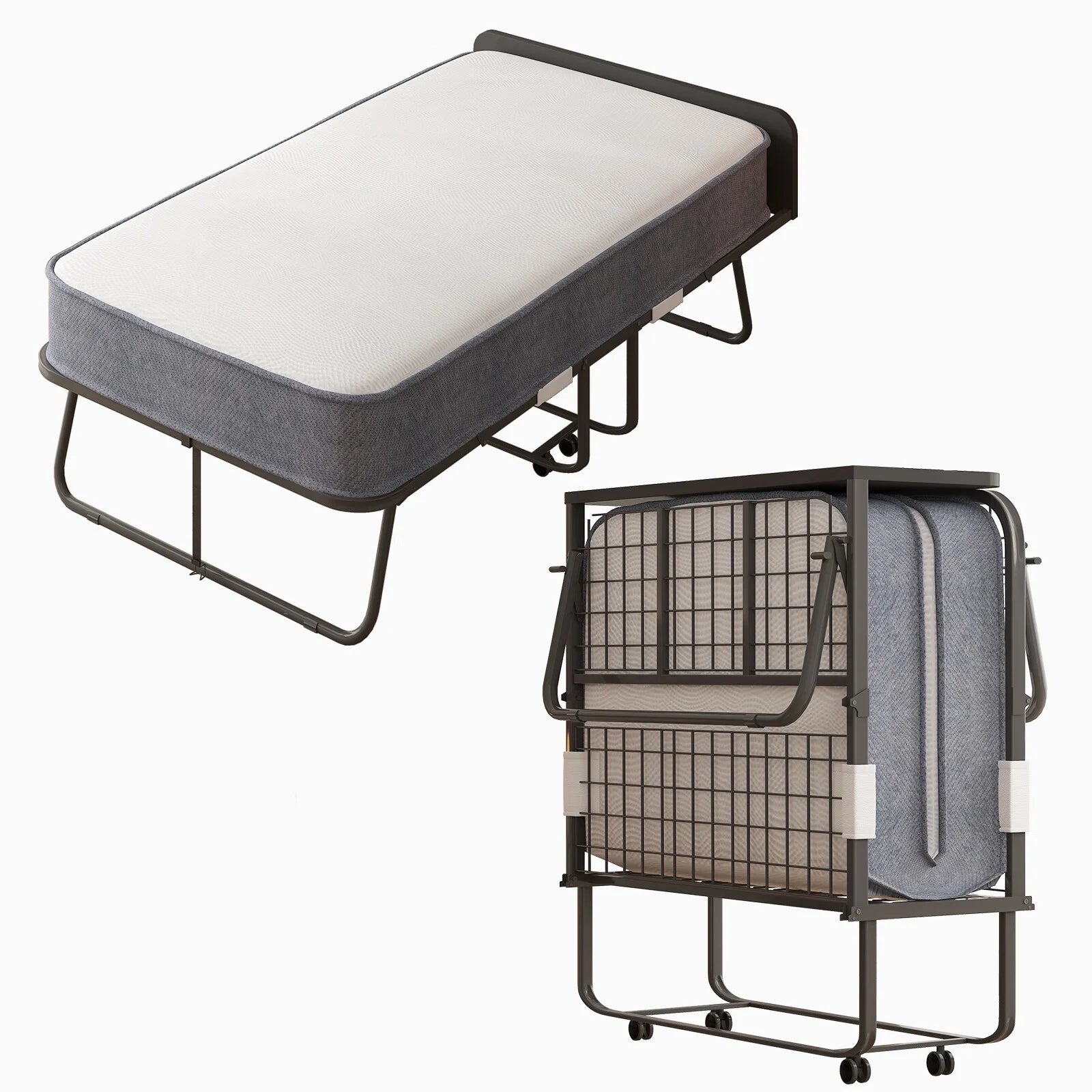 CECER Folding Bed Mattress & Headboard, Rollaway Foldable Bed with Memory Foam Mattress, Metal Guest Bed Dust Cover Included