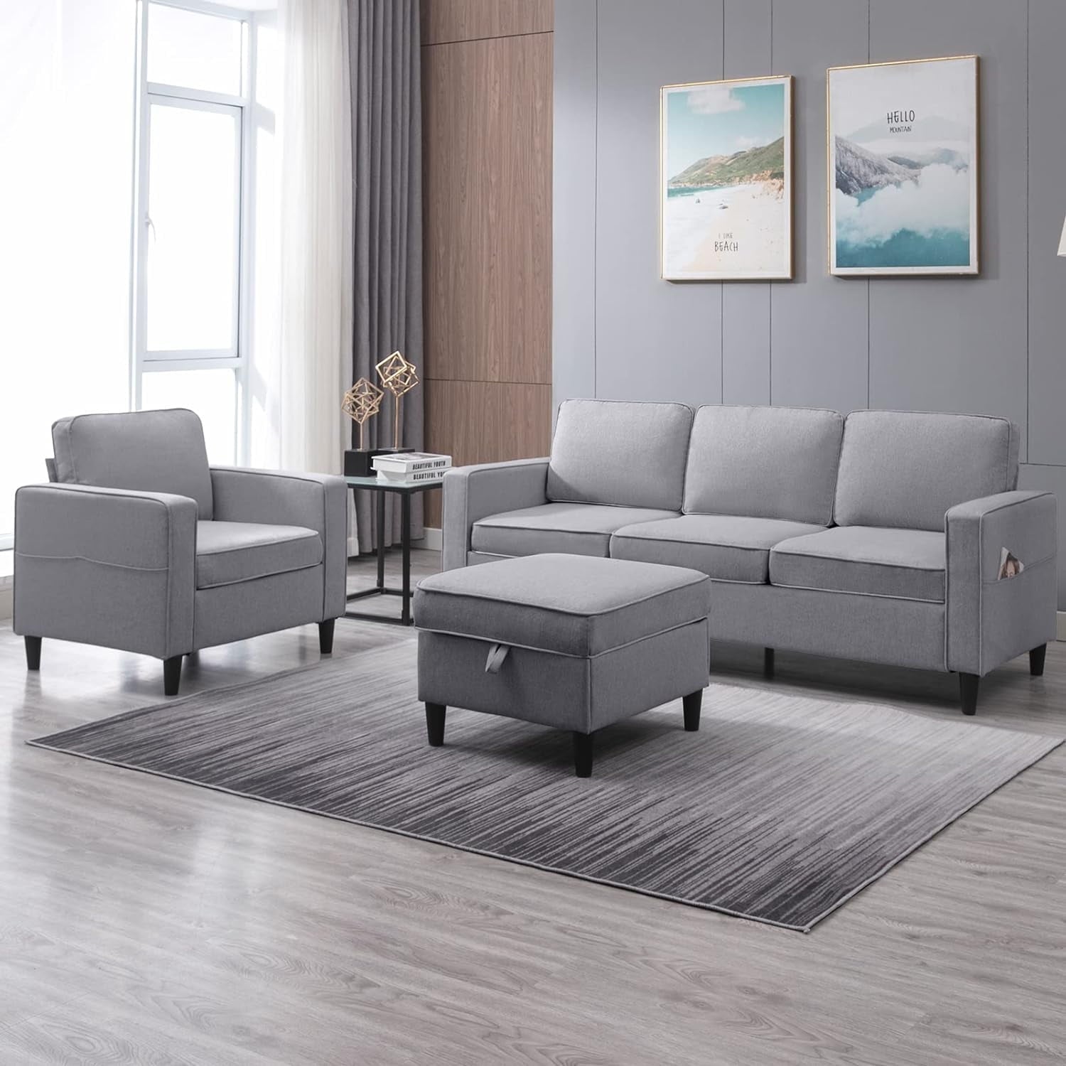 ijuicy Sectional Sofa Set,3PCS Living Room Furniture Couch Sets with Movable Storage Ottoman & Side Pockets,Include Sofa,Loveseat&Chair