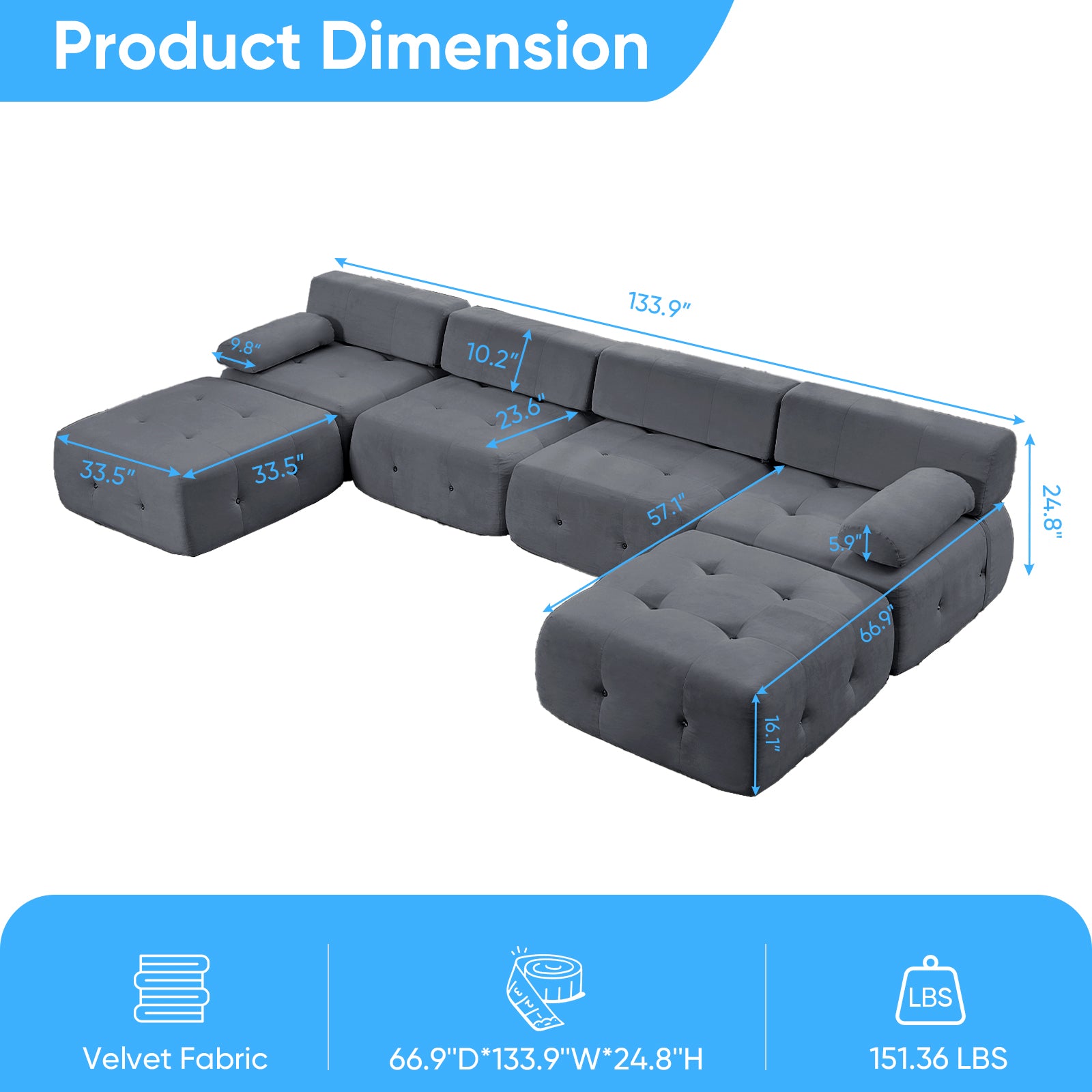 BALUS Oversized Sectional Couches for Living Room,4 Seat U-Shaped Modular Sectional Sofa with Movable Ottomans , No Assembly, Velvet
