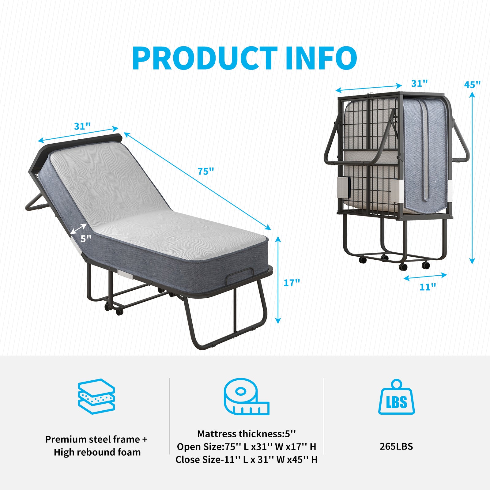 Puremind Folding Bed with 5 Inch Mattress Included, 75" x 31" Rollaway Bed for Adults, Space-Saving Portable Foldable Bed with Headboard (Upgraded)