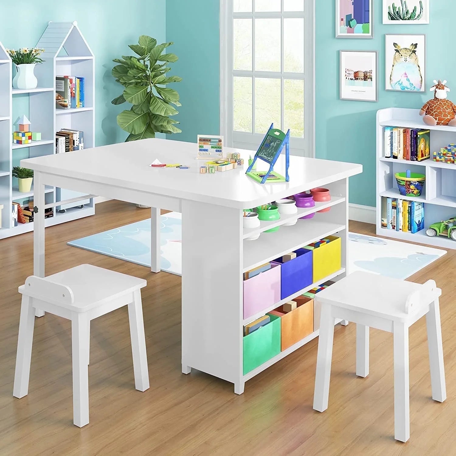 CECER Kids Art Table and Chairs Set, Wooden Drawing and Painting Table for Toddlers with Storage Bins & Paper Roller, Kids Craft Table