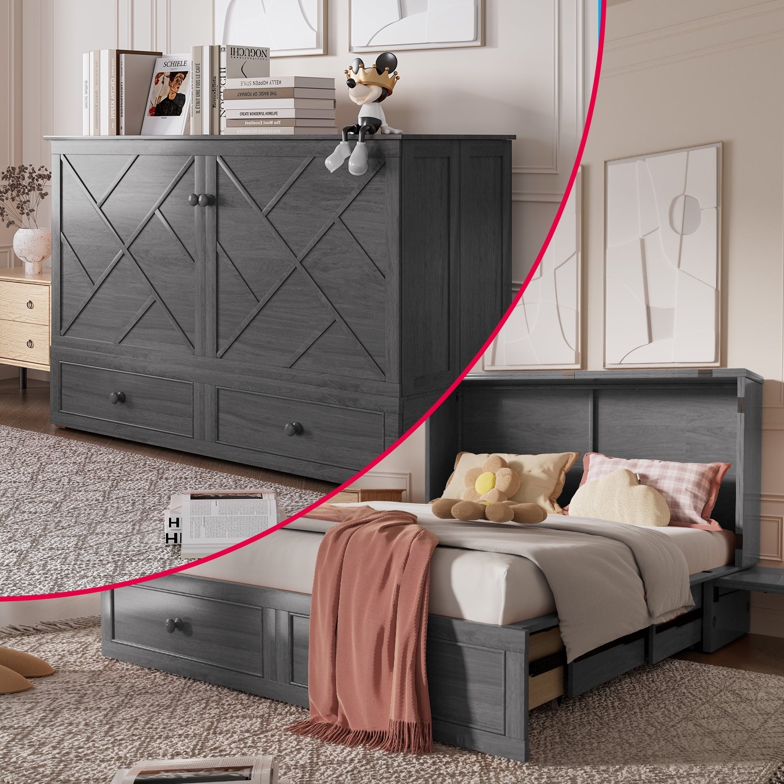 MUZZ Queen Size Murphy Bed, Guest Room Cabinet Bed with USB & Charging Station and Large Drawer for Apartment