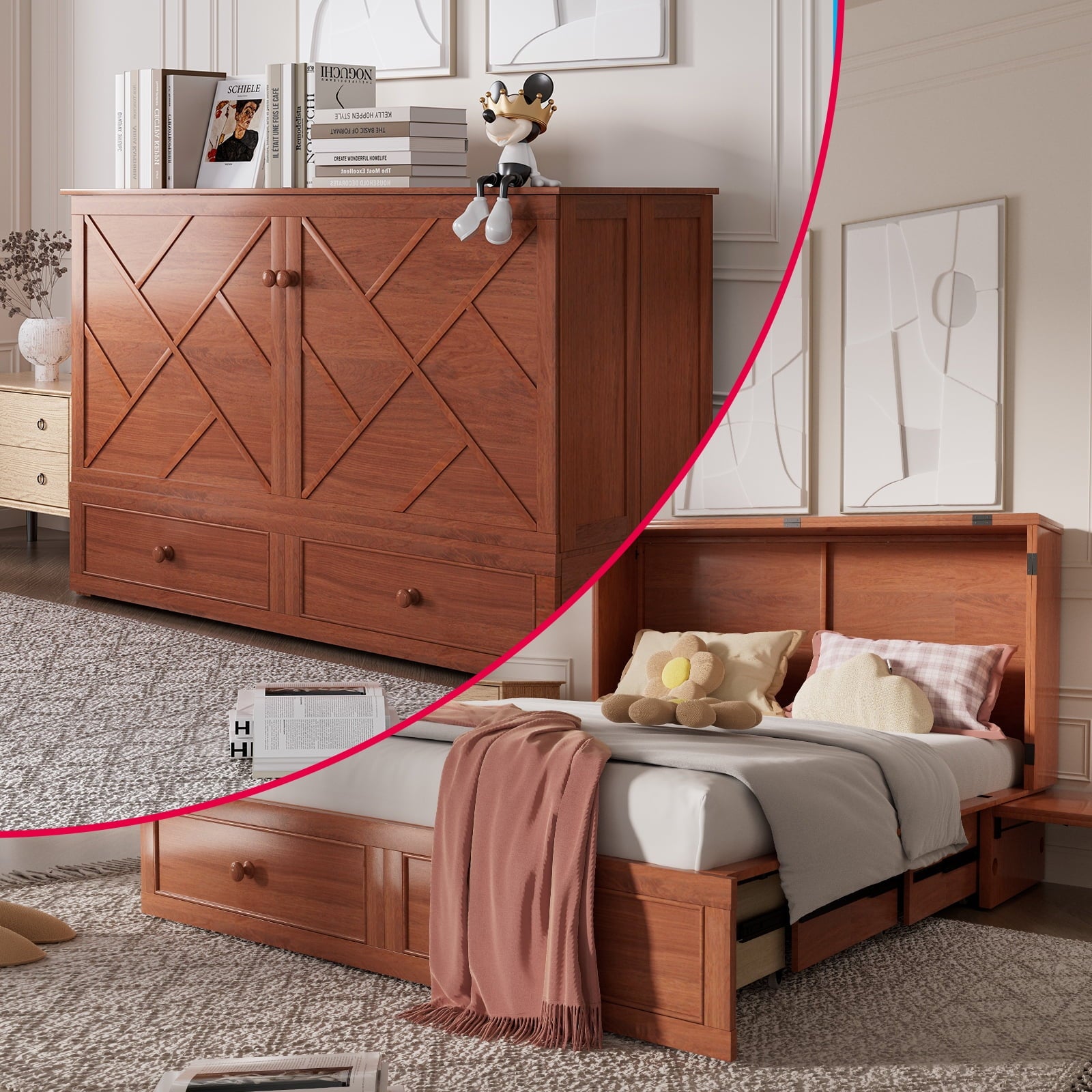 MUZZ Queen Size Murphy Bed, Guest Room Cabinet Bed with USB & Charging Station and Large Drawer for Apartment