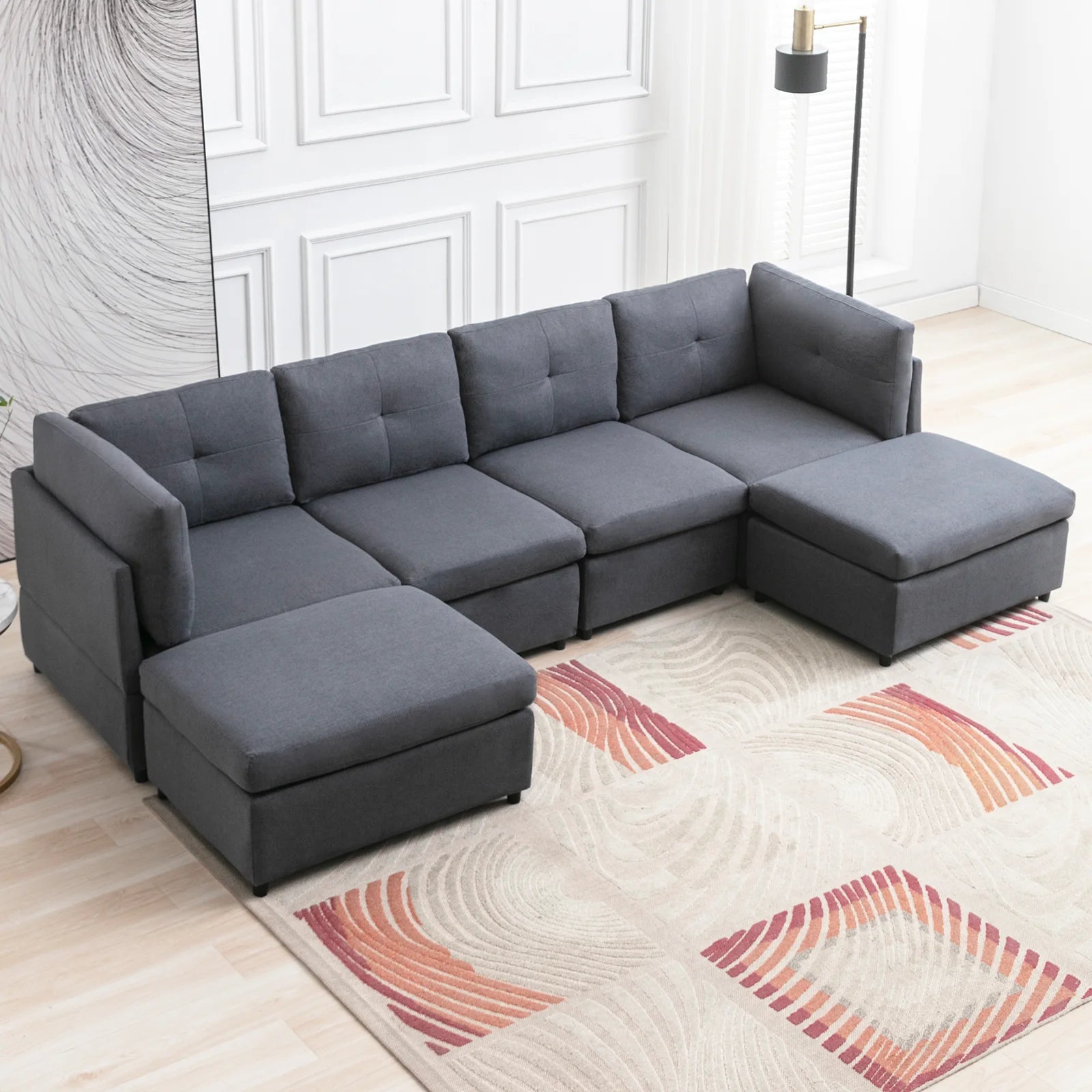 CECER U-Shaped Sectional Sofa, 118''Modular Sectional Sofa with Ottomans, 6-Seater Linen Fabric Couch for Living Room