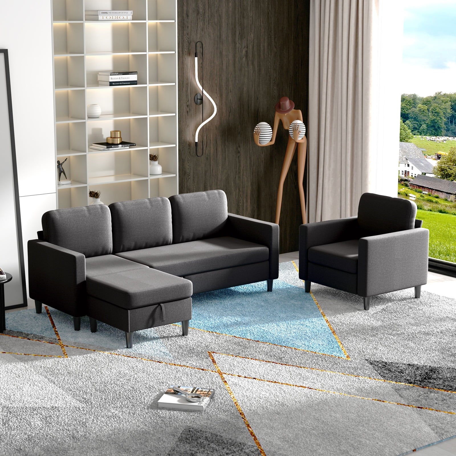 CECER Sectional Sofa Couches Set for Living Room (3-Seater Sofa&Single Sofa/Dark Grey