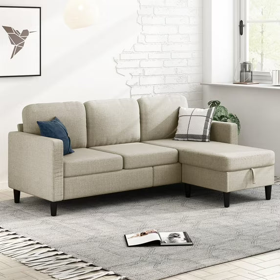 MUZZ Small Space Sectional Sofa – L-Shaped with Storage Ottoman & Movable Modules, Linen Living Room Couch