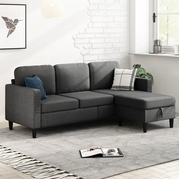 MUZZ Small Space Sectional Sofa – L-Shaped with Storage Ottoman & Movable Modules, Linen Living Room Couch