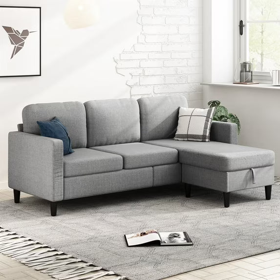 MUZZ Small Space Sectional Sofa – L-Shaped with Storage Ottoman & Movable Modules, Linen Living Room Couch