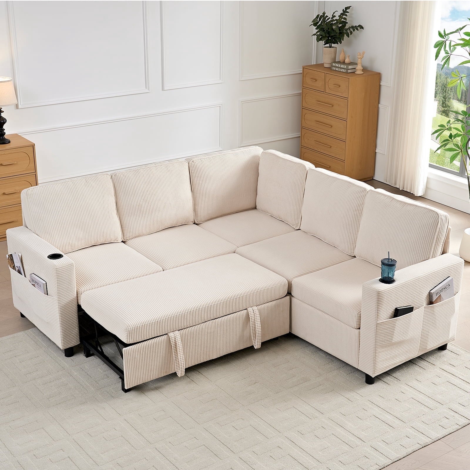 ZAFLY 83"W L-Shaped Pull Out Sofa, Convertible Sleeper Sofa Bed with Storage, Corduroy Sectional Sofas for Living Room