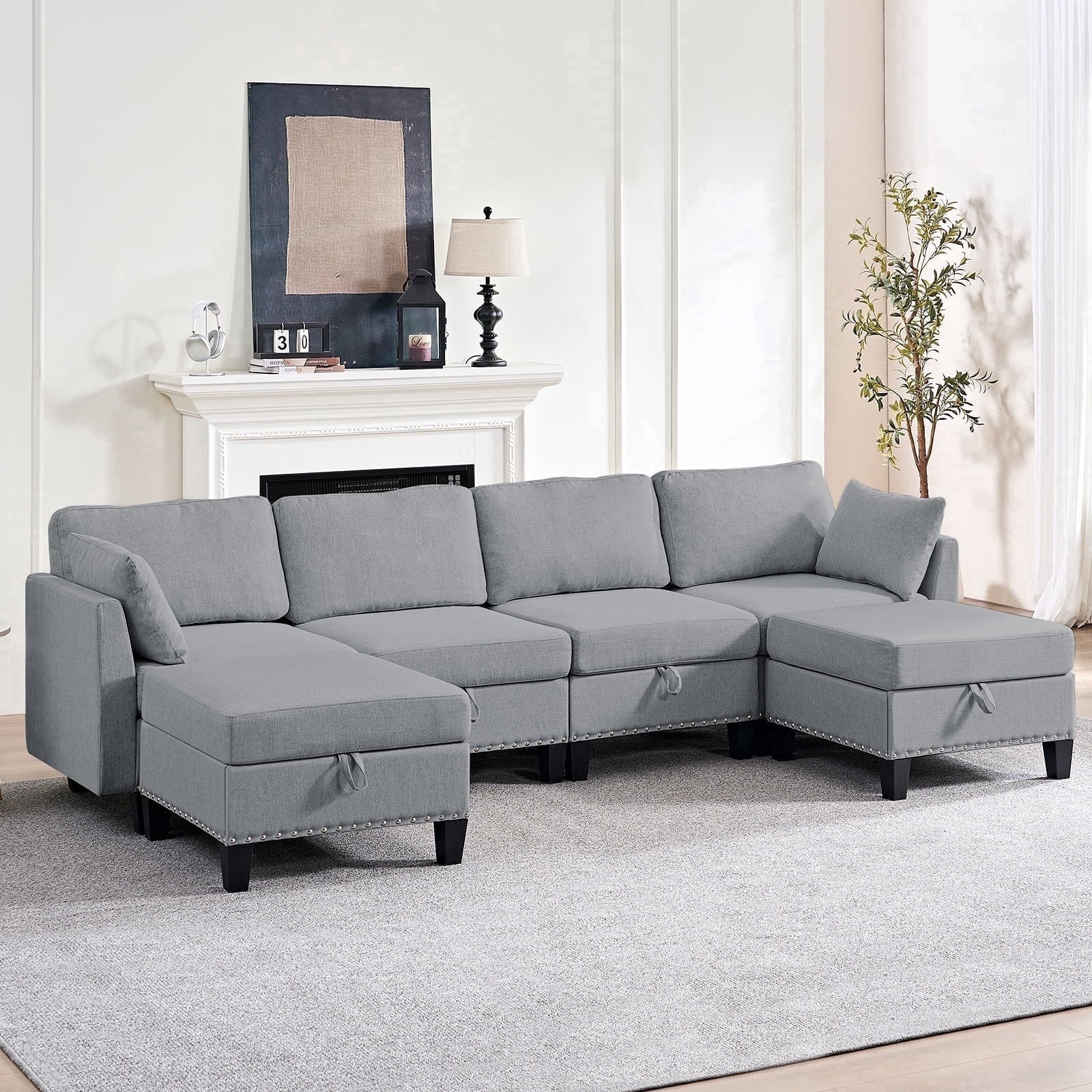 Mjkone Oversized U Shaped Sectional Sofa with Storage, Linen 6 Seater Modular Sectional Sofa Sleeper for Living Room