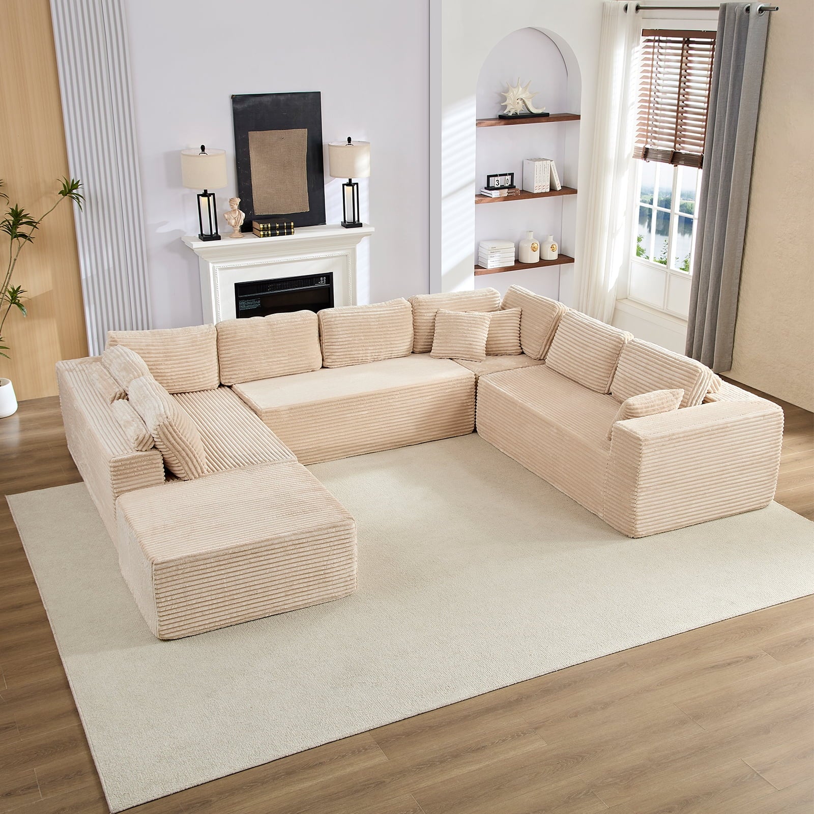 Mjkone 140"Oversized Modular U Shped Sectional Sofa,Corduroy Cloud Couch with Movable Ottoman for Living Room,No Assembly Required,