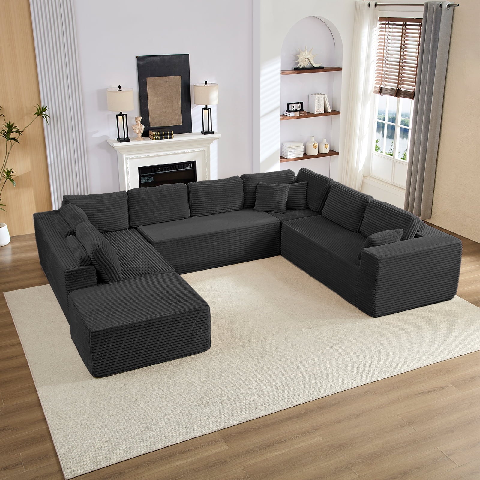 Mjkone 140"Oversized Modular U Shped Sectional Sofa,Corduroy Cloud Couch with Movable Ottoman for Living Room,No Assembly Required,