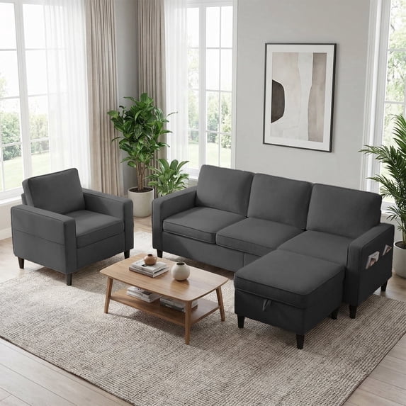 Mjkone 3 Pieces Living Room Furniture Sets, Linen Sectional Sofas and Couches Set with Storage Ottoman for Living Room
