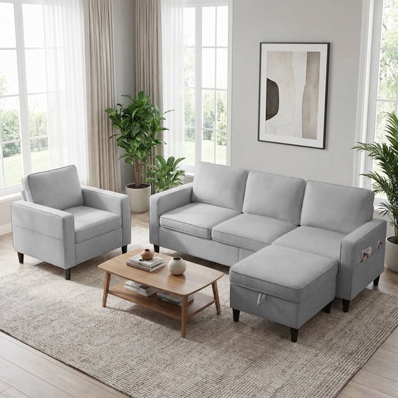 Mjkone 3 Pieces Living Room Furniture Sets, Linen Sectional Sofas and Couches Set with Storage Ottoman for Living Room