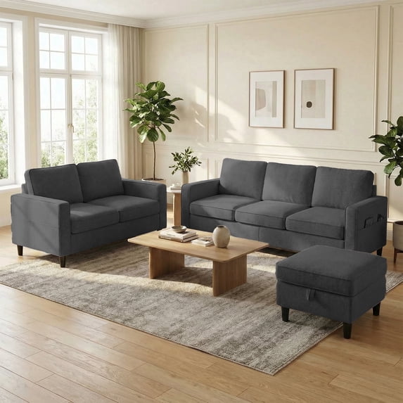 Mjkone 3 Pieces Living Room Furniture Sets, Linen Sectional Sofas and Couches Set with Storage Ottoman for Living Room