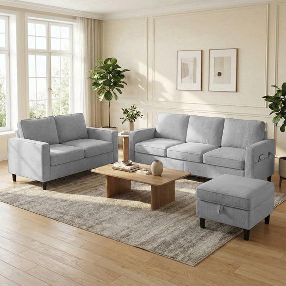 Mjkone 3 Pieces Living Room Furniture Sets, Linen Sectional Sofas and Couches Set with Storage Ottoman for Living Room