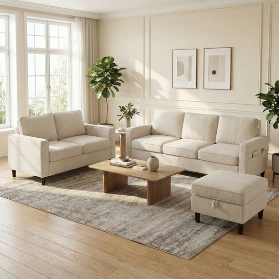 Mjkone 3 Pieces Living Room Furniture Sets, Linen Sectional Sofas and Couches Set with Storage Ottoman for Living Room