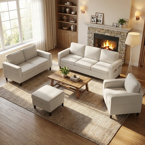 Mjkone 3 Pieces Living Room Furniture Sets, Linen Sectional Sofas and Couches Set with Storage Ottoman for Living Room