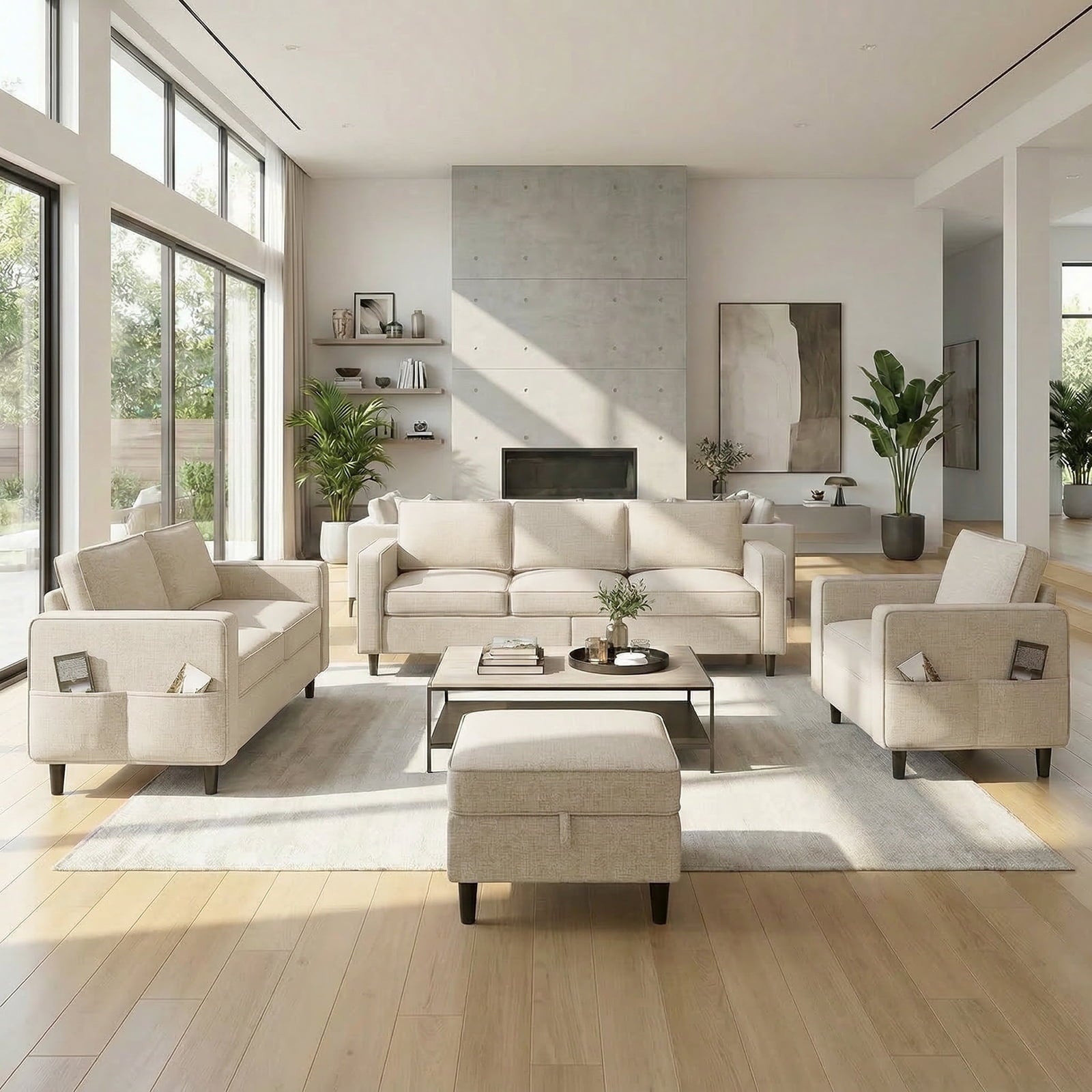 Mjkone 2 Pieces Living Room Furniture Sets, Linen Sectional Sofas and Couches Set with Storage Ottoman for Living Room,