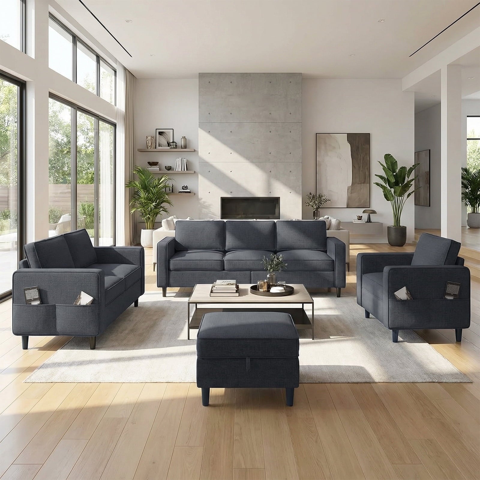 Mjkone 2 Pieces Living Room Furniture Sets, Linen Sectional Sofas and Couches Set with Storage Ottoman for Living Room,