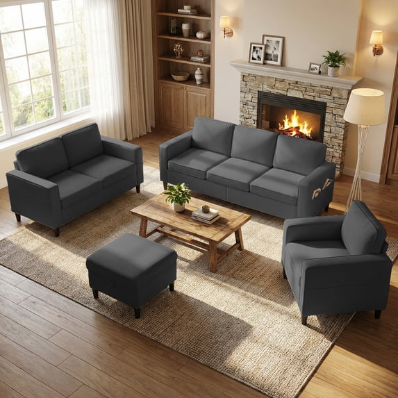 Mjkone 3 Pieces Living Room Furniture Sets, Linen Sectional Sofas and Couches Set with Storage Ottoman for Living Room