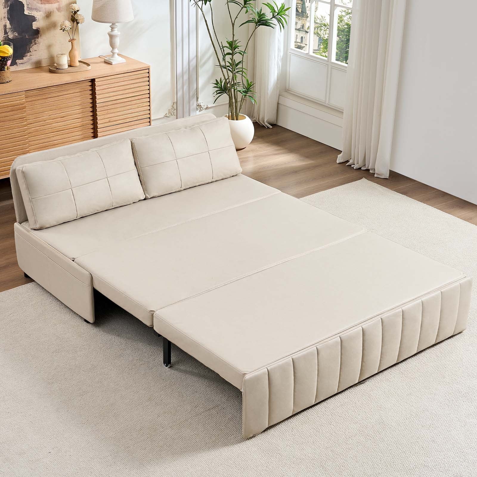 Mjkone 62’’ Leathaire Pull Out Sofa Bed, Loveseat Convertible Sleeper Sofa for Small Living Room/Apartment,